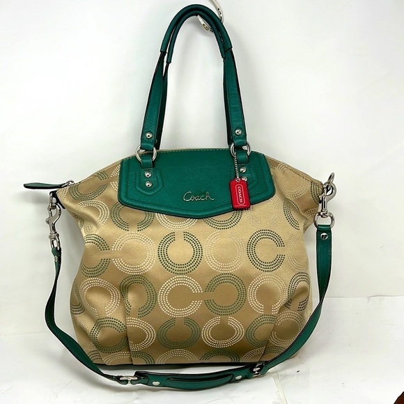 Coach Ashley F25183 Dotted Op Art North South Aegean Canvas Leather Hobo Tote - Picture 1 of 13